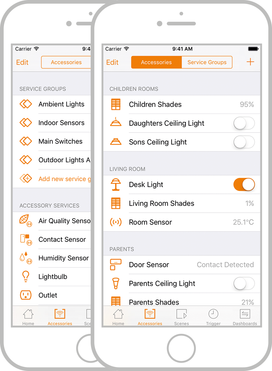 MyHomes accessory and service groups screenshot