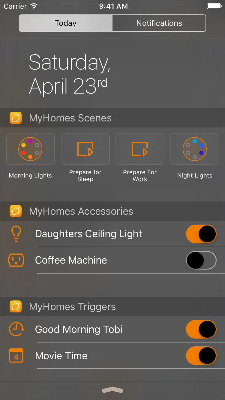 Today view widgets for scenes, accessories and triggers